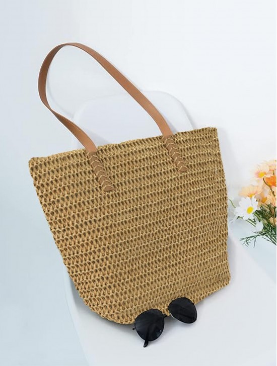 Fashion Weaved Straw Bag W/ Faux Leather Handle